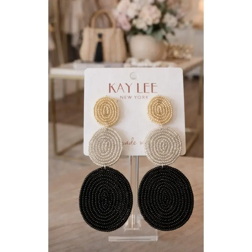 Kay Lee Oval Black Gold Silver Beaded Earrings New - Picture 2 of 2